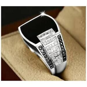 Black ring - silver - Enamel and CZs - size 12.